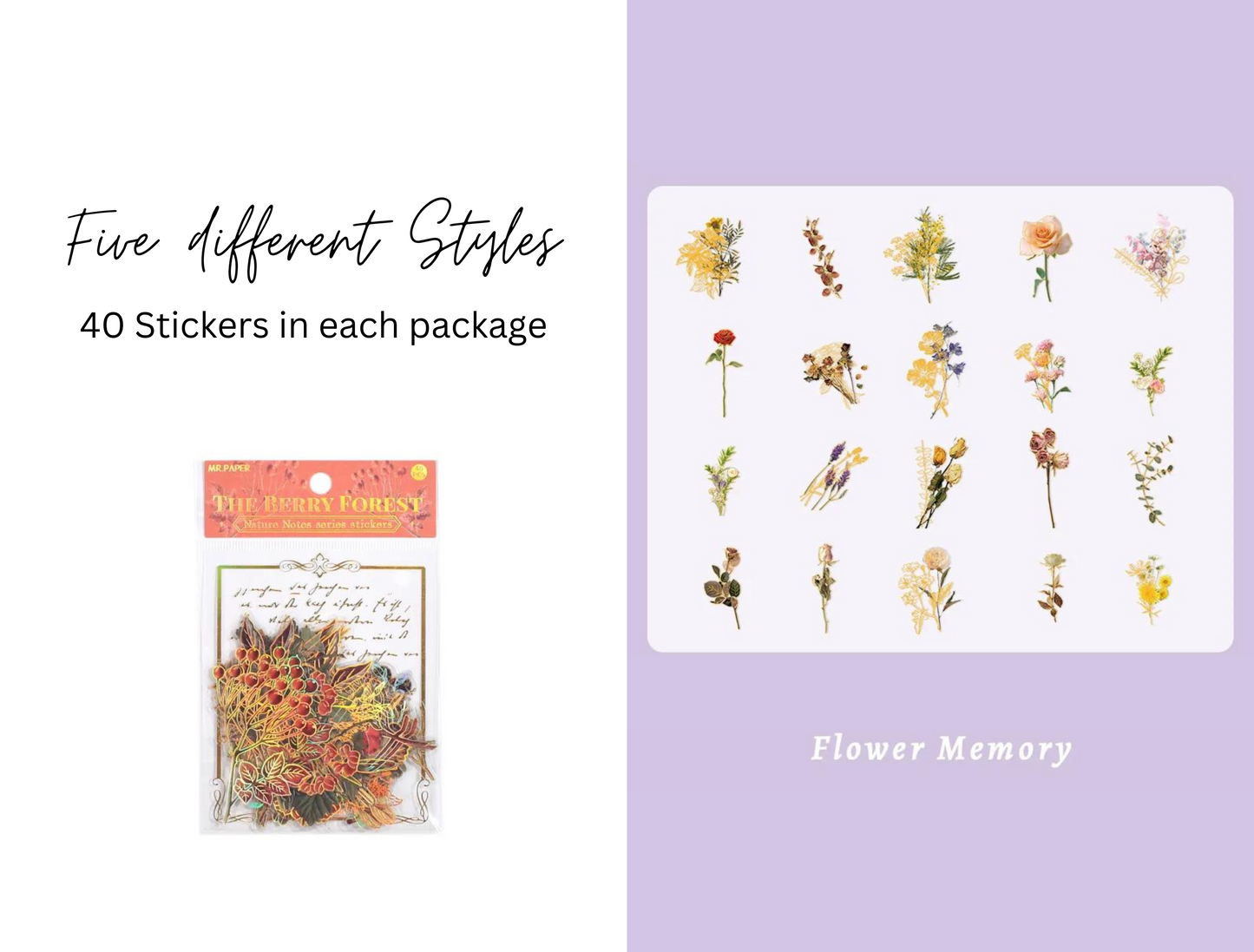 40 Pieces Clear Stickers Nature Notes Series, Cute Stickers, Vintage Plant Decoration Stickers Pack