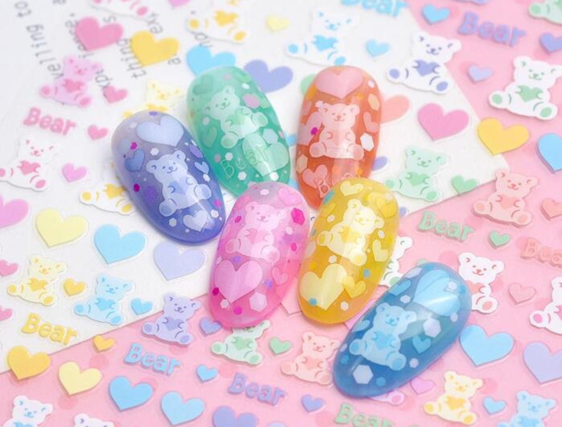 Kawaii Nail Decals, Rainbow Gummy Bear Nail Stickers, Rainbow Bear Nail Decal, Cute Rainbow Nail Decals, Rainbow and Hearts Nail Stickers