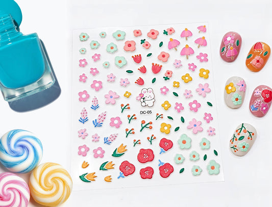 5d Kawaii Flower Nail Decals, Cute Bunny Nail Decals, Pastel Kawaii Flower Nail Decals, Kawaii Nail Stickers, Pastel Nail Sticker