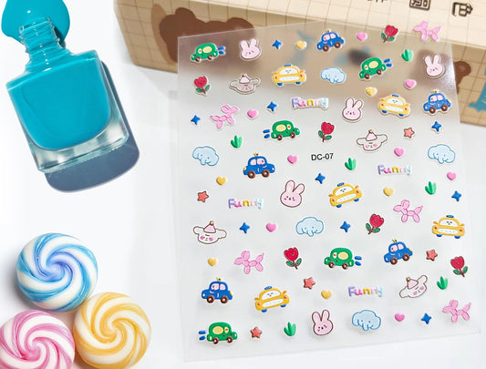 5d Kawaii Cars and Balloons Nail Decals, Pastel Bunnies and Elephants, Kawaii Nail Stickers, Pastel Nail Stickers, Kawaii Nail Star Designs