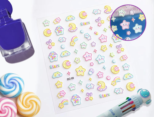 5d Kawaii Star and Moon Nail Decals, Pastel Kawaii Stars and Moons, Kawaii Nail Stickers, Pastel Nail Stickers, Kawaii Star Nail Designs