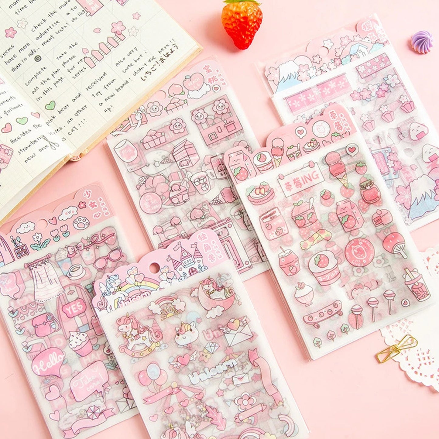 Kawaii Planner Stickers - Peaches - Strawberry - Unicorn Castles - Happy Love - Kawaii stickers - Sticker Sheets, Pink Stationary b1i6