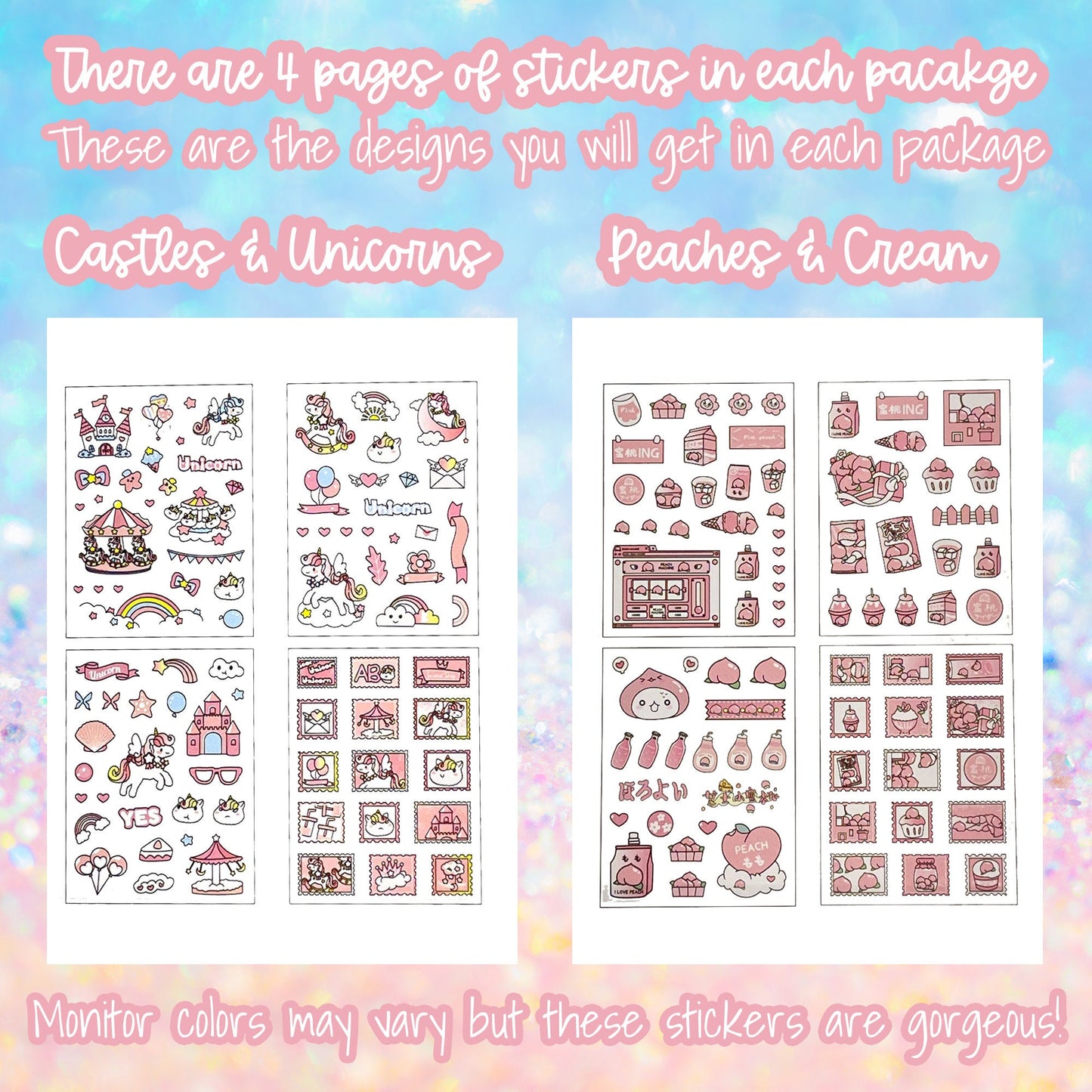 Kawaii Planner Stickers - Peaches - Strawberry - Unicorn Castles - Happy Love - Kawaii stickers - Sticker Sheets, Pink Stationary b1i6