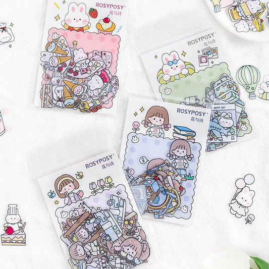 Kawaii Planner Stickers, Rosy Posy Stickers, Kawaii Stickers, Cute Pink Green Bunny Stickers, Kawaii Bunny Stickers, Travel & Dessert B2c