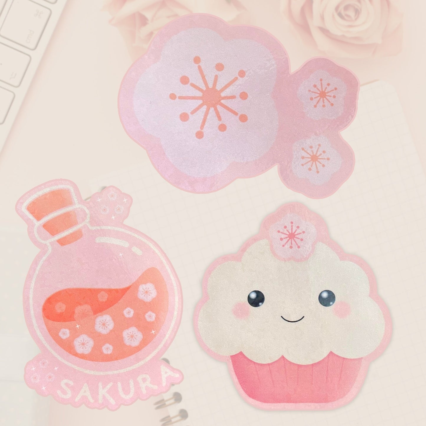 Large Sakura Pink Kawaii Sticker, Cupcake Sticker, Potion Sticker, Cherry Blossom Stickers, Cherry Blossom Holographic Stickers
