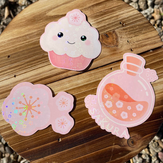 Large Sakura Pink Kawaii Sticker, Cupcake Sticker, Potion Sticker, Cherry Blossom Stickers, Cherry Blossom Holographic Stickers