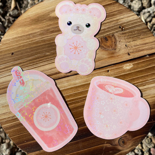 Large Sakura Kawaii Stickers, Cute Bear Sticker, Coffee Sticker, Stickers For Hydroflask, Cherry Blossom Holographic Waterproof Stickers