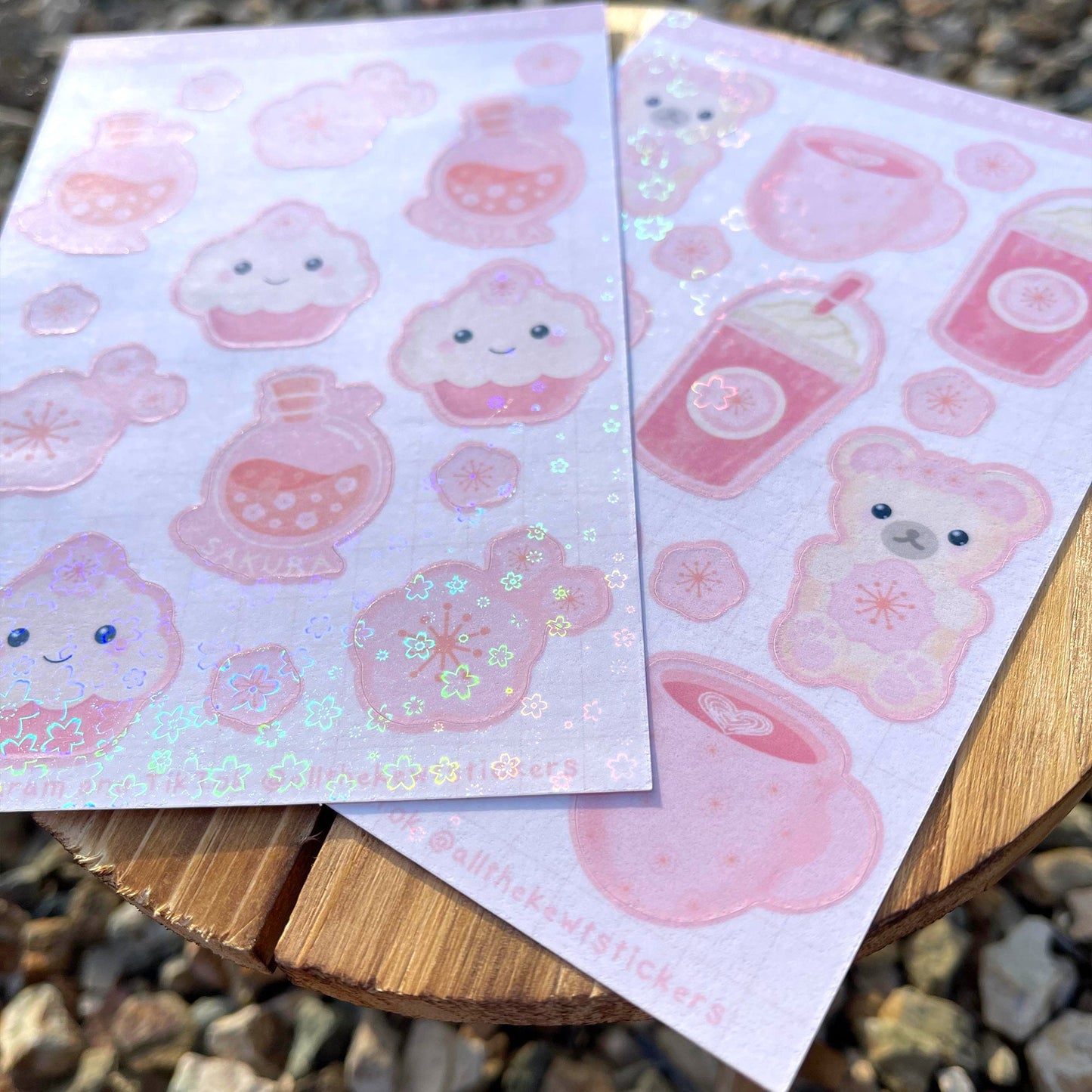 Cherry Blossom Kawaii Sticker Sheets, Cute Bear Stickers, Coffee Stickers, Sakura Cupcakes, Cherry Blossom Holographic or Matte Stickers