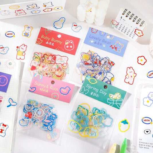 Cute Stickers, Clear Kawaii Stickers, Bunnies & Bears, Outline Stickers, Journal Flakes, 45 Planner Stickers, Stationary B3C