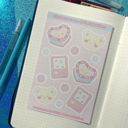 Cute Bears and Cakes Sticker Sheet, Cute Bear Stickers, Video Game Stickers, Cake Stickers, Kawaii Stickers Holographic or Matte Stickers
