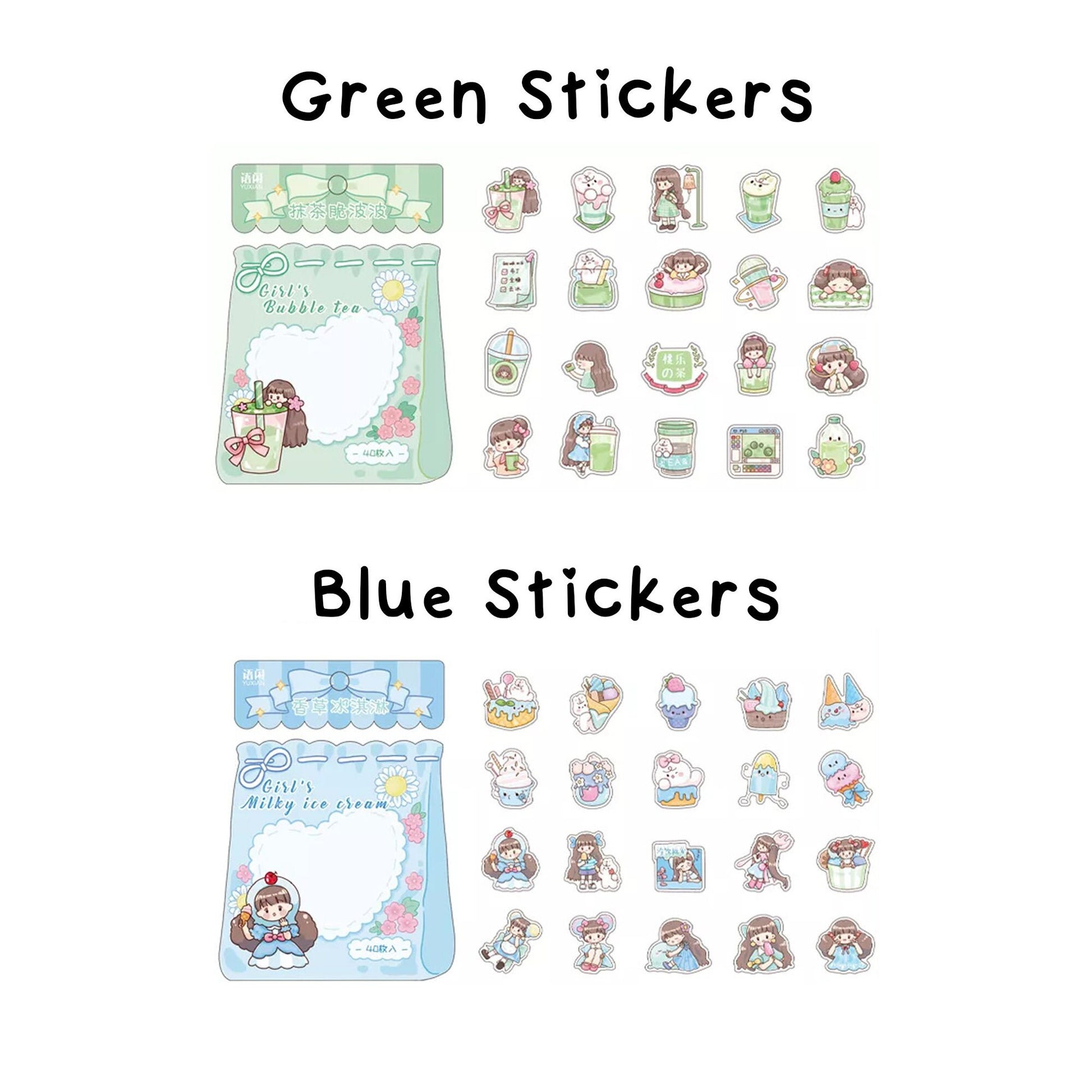 Cute Kawaii Stickers, Cute Sticker Sheets, Yellow Stickers, Pink Stickers,  Green Stickers, White Stickers, Journal Stickers, Girl Stickers 