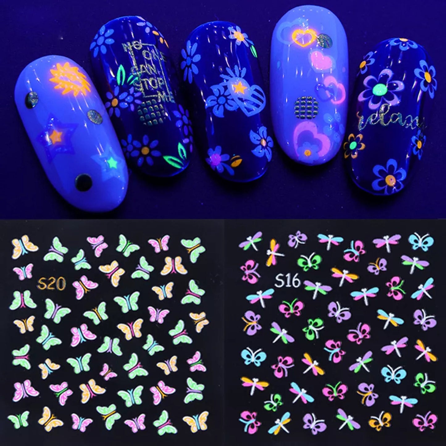 Mystery Pack Blacklight Nail Decals, Neon Nail Stickers, Mystery Grab Bag Nail Decal, Mystery Nail Stickers, Flowers, Butterflies, Stars