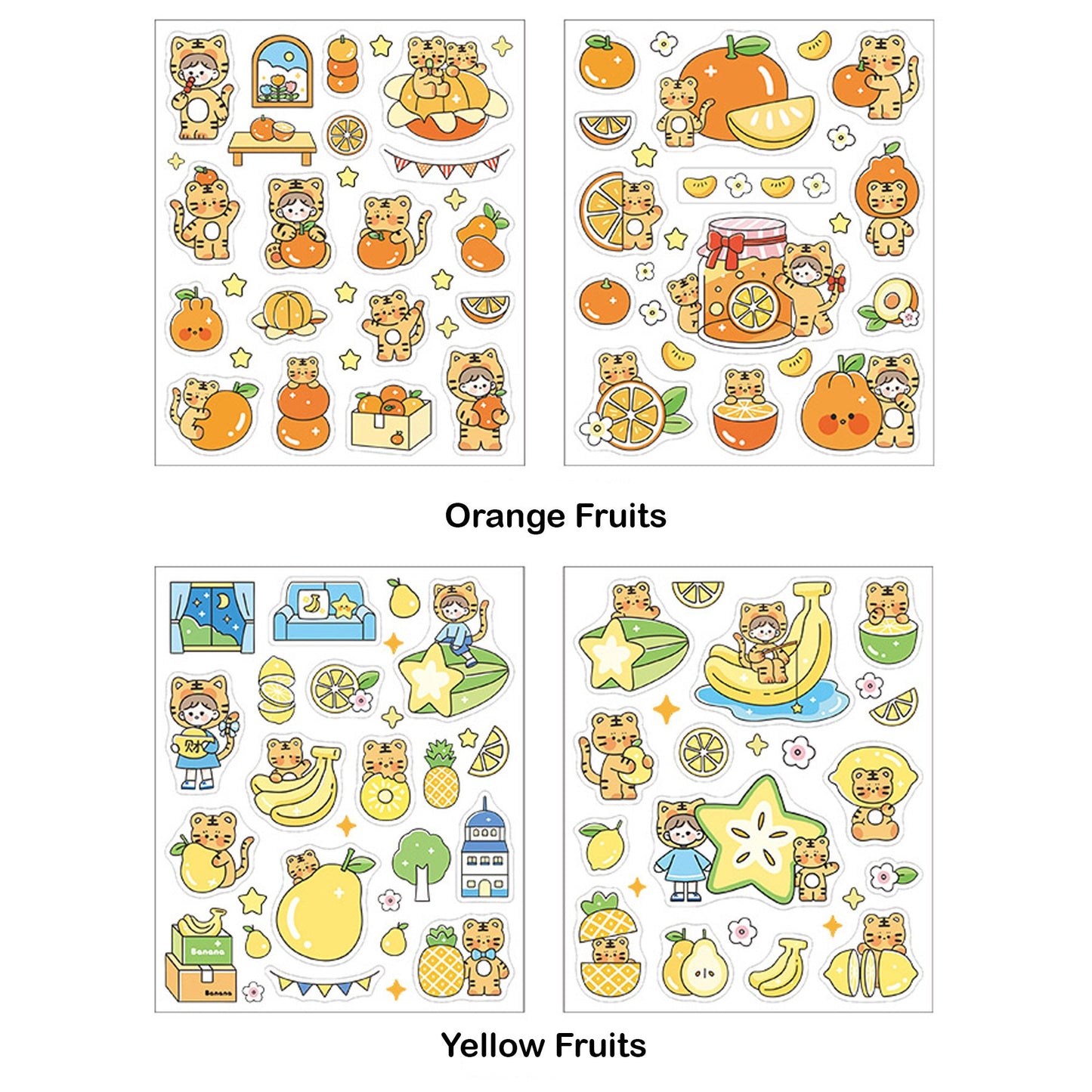 Kawaii Planner Stickers - Tiger Stickers - Peaches - Strawberry - Cute Fruits - Kawaii stickers - Sticker Sheets, Colorful Stationary B2SH