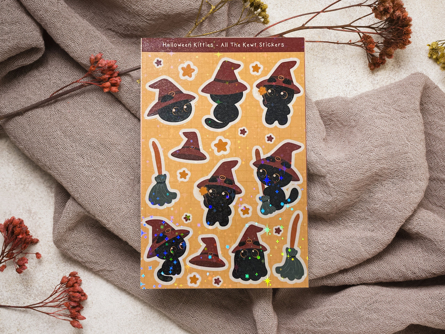 Halloween Kawaii Kitty Sticker Sheets, Cute Witch Black Cat Stickers, Halloween Stickers, Cute Stickers, Holo or Matte Sticker Sheets 1