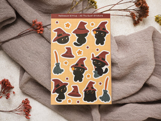 Halloween Kawaii Kitty Sticker Sheets, Cute Witch Black Cat Stickers, Halloween Stickers, Cute Stickers, Holo or Matte Sticker Sheets 1
