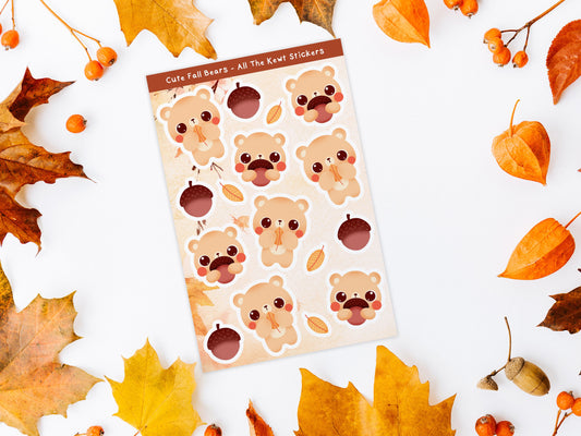 Fall Bears Kawaii Sticker Sheets, Cute Bears and Acorn Stickers, Autumn Kawaii Stickers, Cute Stickers, Holo or Matte Sticker Sheets 1