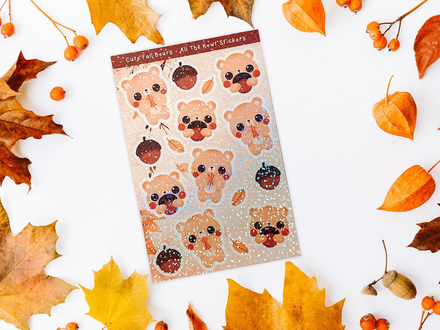 Fall Bears Kawaii Sticker Sheets, Cute Bears and Acorn Stickers, Autumn Kawaii Stickers, Cute Stickers, Holo or Matte Sticker Sheets 1