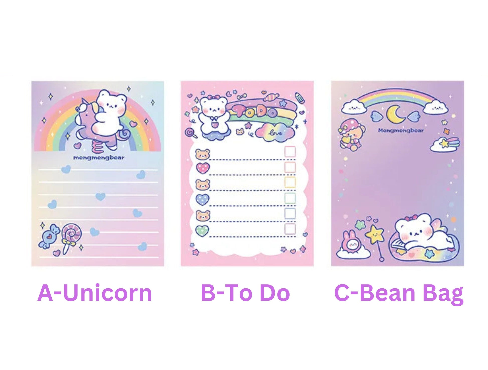 100 Sheets Cute Kawaii Bear Memo Pad, Kawaii To Do List, Stationary, Cute Notepads, Kawaii Bear Notepad, Rainbow Bears and Hearts Stationary