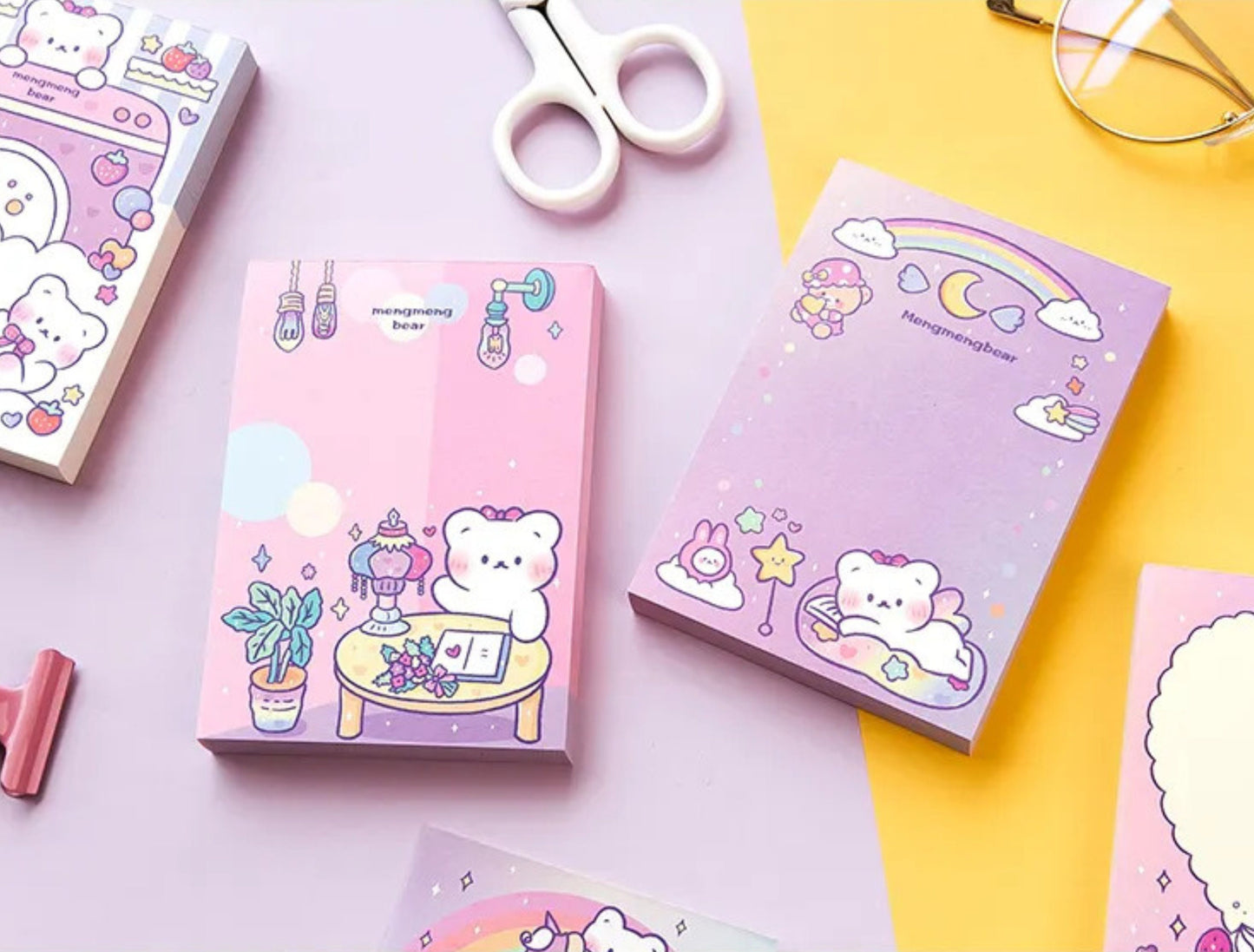 100 Sheets Cute Kawaii Bear Memo Pad, Kawaii To Do List, Stationary, Cute Notepads, Kawaii Bear Notepad, Rainbow Bears and Hearts Stationary