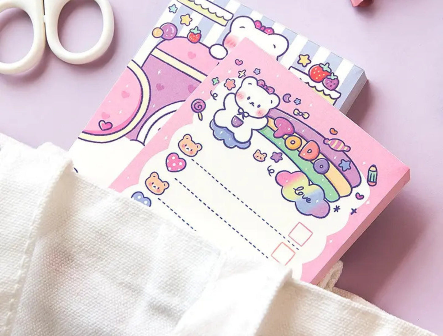 100 Sheets Cute Kawaii Bear Memo Pad, Kawaii To Do List, Stationary, Cute Notepads, Kawaii Bear Notepad, Rainbow Bears and Hearts Stationary