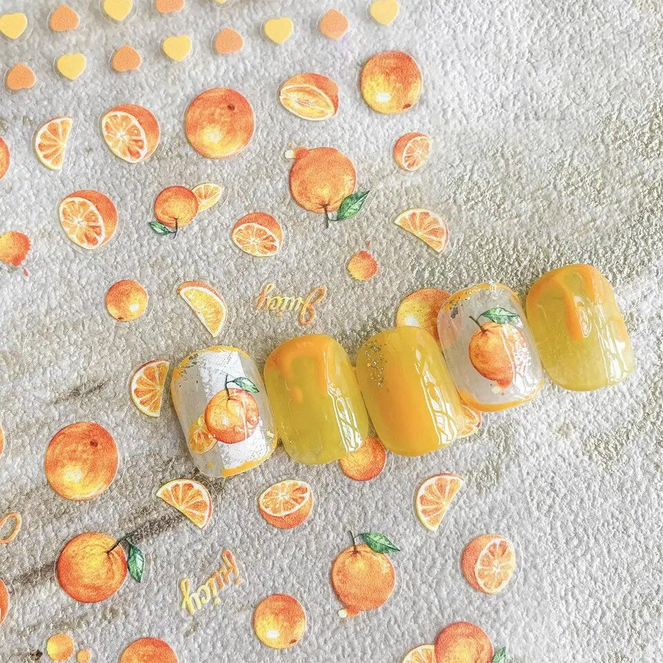 Kawaii Nail Decals, Orange Nail Stickers, Fruit Nail Decal, Cute Oranges Nail Decals, Orange Heart Nail Stickers, Stick on Decals