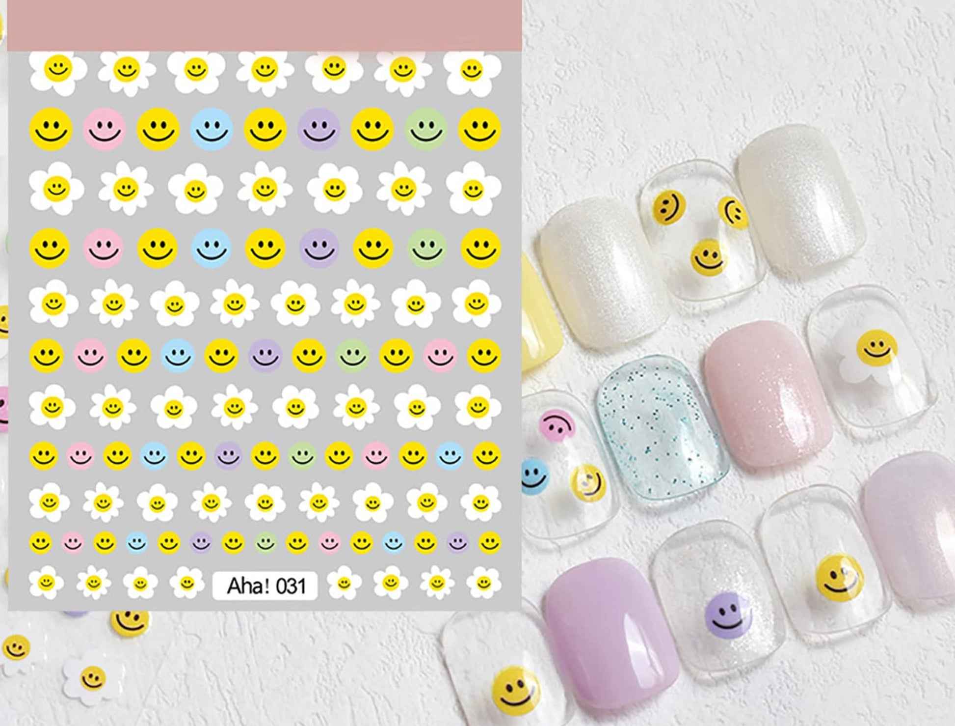 Kawaii Nail Decals, Smiley Flower Nail Stickers, Pastel Daisy Nail Decal, Cute Smiley Nail Decals, Happy Face Nail Stickers