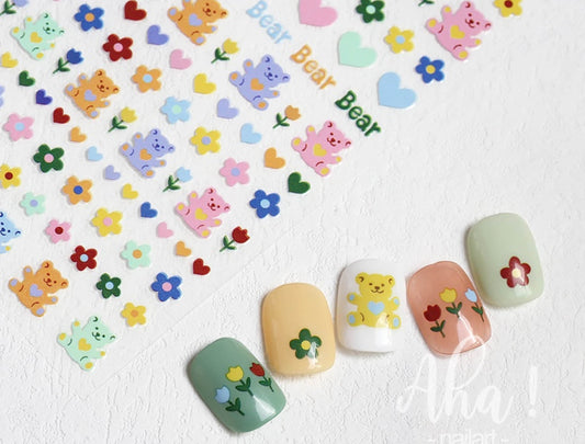 Kawaii Nail Decals, Rainbow Gummy Bear Nail Stickers, Dark Rainbow Bear Nail Decal, Cute Rainbow Bear Nails, Rainbow and Heart Nail Stickers