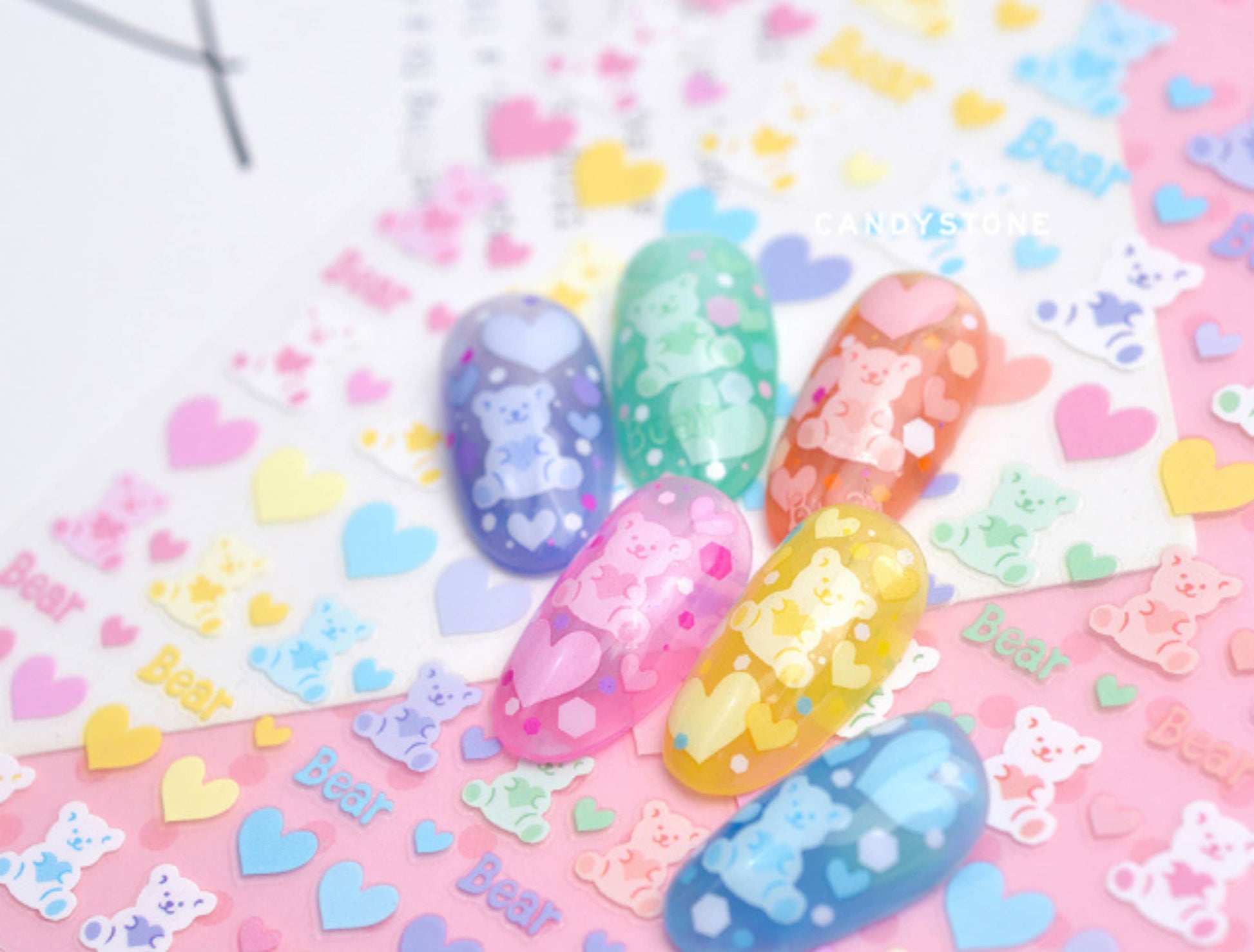 Kawaii Nail Decals, Rainbow Gummy Bear Nail Stickers, Rainbow Bear Nail Decal, Cute Rainbow Nail Decals, Rainbow and Hearts Nail Stickers